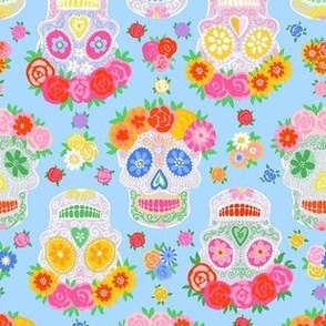 Extra small - Dia de Muertos - Calaveras - Sugar Skulls - Halloween Skull - Day of the Dead - Colorful Dia De Los Muertos Fabric - Floral scull - sculls with flower wreaths - Light blue