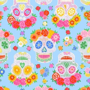 Medium - Dia de Muertos - Calaveras - Sugar Skulls - Halloween Skull - Day of the Dead - Colorful Dia De Los Muertos Fabric - Floral scull - sculls with flower wreaths - Light blue