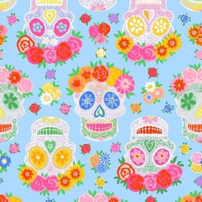 Small - Dia de Muertos - Calaveras - Sugar Skulls - Halloween Skull - Day of the Dead - Colorful Dia De Los Muertos Fabric - Floral scull - sculls with flower wreaths - Light blue