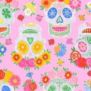 Extra Large - Dia de Muertos - Calaveras - Sugar Skulls - Halloween Skull - Day of the Dead - Colorful Dia De Los Muertos Fabric - Floral scull - sculls with flower wreaths - light pink
