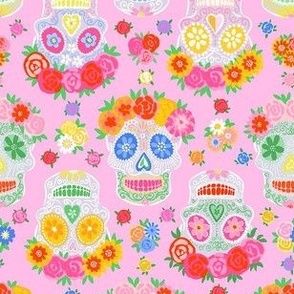 Extra Small - Dia de Muertos - Calaveras - Sugar Skulls - Halloween Skull - Day of the Dead - Colorful Dia De Los Muertos Fabric - Floral scull - sculls with flower wreaths - light pink