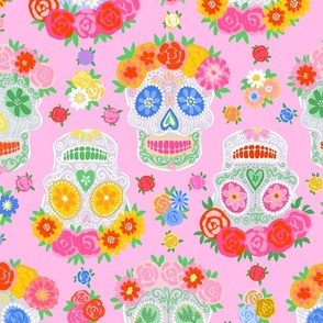 Large - Dia de Muertos - Calaveras - Sugar Skulls - Halloween Skull - Day of the Dead - Colorful Dia De Los Muertos Fabric - Floral scull - sculls with flower wreaths - light pink