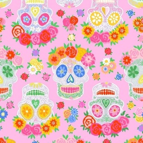 Small - Dia de Muertos - Calaveras - Sugar Skulls - Halloween Skull - Day of the Dead - Colorful Dia De Los Muertos Fabric - Floral scull - sculls with flower wreaths - light pink