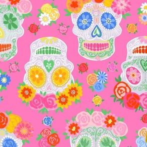 Extra Large - Dia de Muertos - Calaveras - Sugar Skulls - Halloween Skull - Day of the Dead - Colorful Dia De Los Muertos Fabric - Floral scull - sculls with flower wreaths - Medium hot pink