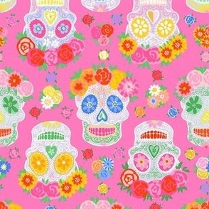 Extra Small - Dia de Muertos - Calaveras - Sugar Skulls - Halloween Skull - Day of the Dead - Colorful Dia De Los Muertos Fabric - Floral scull - sculls with flower wreaths - Medium hot pink
