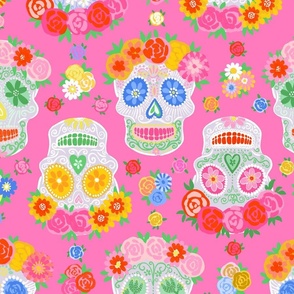 Large - Dia de Muertos - Calaveras - Sugar Skulls - Halloween Skull - Day of the Dead - Colorful Dia De Los Muertos Fabric - Floral scull - sculls with flower wreaths - Medium hot pink