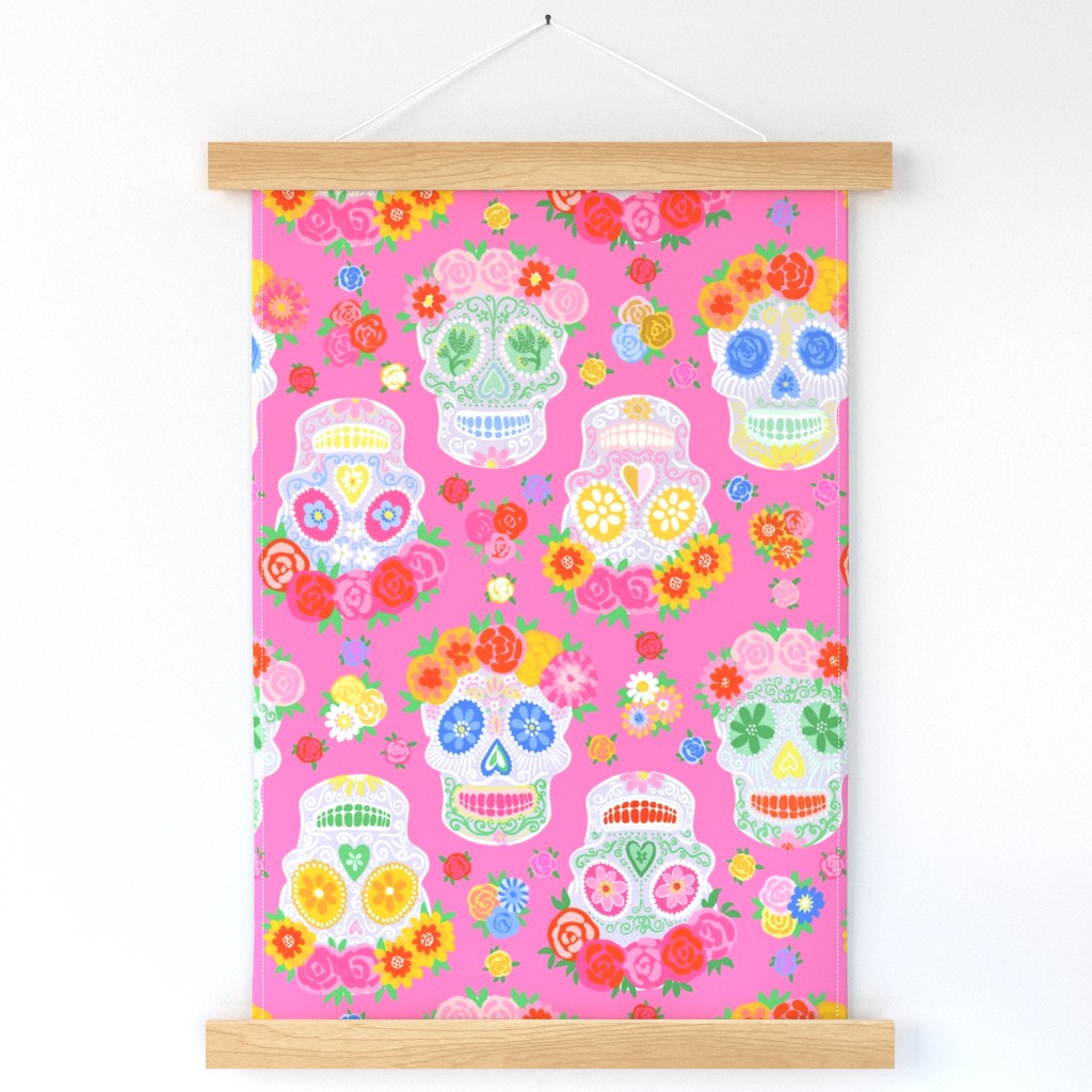 Medium - Dia de Muertos - Calaveras - Sugar Skulls - Halloween Skull - Day of the Dead - Colorful Dia De Los Muertos Fabric - Floral scull - sculls with flower wreaths - Medium hot pink