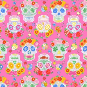 Small - Dia de Muertos - Calaveras - Sugar Skulls - Halloween Skull - Day of the Dead - Colorful Dia De Los Muertos Fabric - Floral scull - sculls with flower wreaths - Medium hot pink