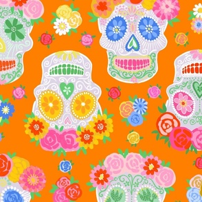 Extra Large - Dia de Muertos - Calaveras - Sugar Skulls - Halloween Skull - Day of the Dead - Colorful Dia De Los Muertos Fabric - Floral scull - sculls with flower wreaths - Orange