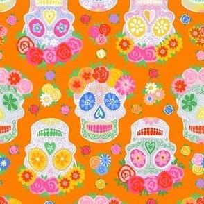 Extra Small - Dia de Muertos - Calaveras - Sugar Skulls - Halloween Skull - Day of the Dead - Colorful Dia De Los Muertos Fabric - Floral scull - sculls with flower wreaths - Orange