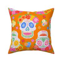 Large - Dia de Muertos - Calaveras - Sugar Skulls - Halloween Skull - Day of the Dead - Colorful Dia De Los Muertos Fabric - Floral scull - sculls with flower wreaths - Orange