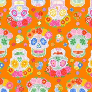 Medium - Dia de Muertos - Calaveras - Sugar Skulls - Halloween Skull - Day of the Dead - Colorful Dia De Los Muertos Fabric - Floral scull - sculls with flower wreaths - Orange