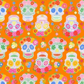 Small - Dia de Muertos - Calaveras - Sugar Skulls - Halloween Skull - Day of the Dead - Colorful Dia De Los Muertos Fabric - Floral scull - sculls with flower wreaths - Orange