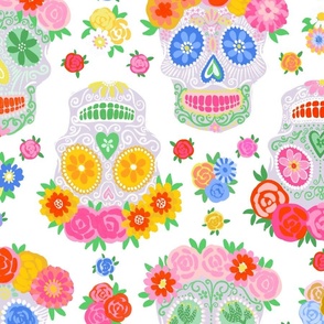 Extra Large - Dia de Muertos - Calaveras - Sugar Skulls - Halloween Skull - Day of the Dead - Colorful Dia De Los Muertos Fabric - Floral scull - sculls with flower wreaths - White