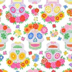 Extra Small - Dia de Muertos - Calaveras - Sugar Skulls - Halloween Skull - Day of the Dead - Colorful Dia De Los Muertos Fabric - Floral scull - sculls with flower wreaths - White