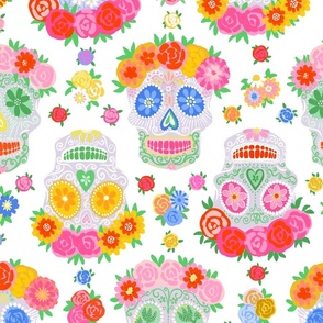 Large - Dia de Muertos - Calaveras - Sugar Skulls - Halloween Skull - Day of the Dead - Colorful Dia De Los Muertos Fabric - Floral scull - sculls with flower wreaths - White