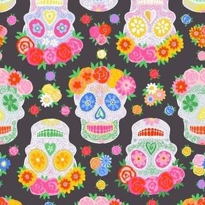 Extra Small - Dia de Muertos - Calaveras - Sugar Skulls - Halloween Skull - Day of the Dead - Colorful Dia De Los Muertos Fabric - Floral scull - sculls with flower wreaths - Purplish Grey
