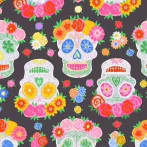 Large - Dia de Muertos - Calaveras - Sugar Skulls - Halloween Skull - Day of the Dead - Colorful Dia De Los Muertos Fabric - Floral scull - sculls with flower wreaths - Purplish Grey