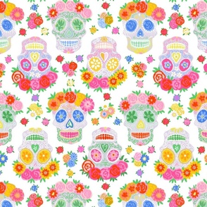 Small - Dia de Muertos - Calaveras - Sugar Skulls - Halloween Skull - Day of the Dead - Colorful Dia De Los Muertos Fabric - Floral scull - sculls with flower wreaths - White