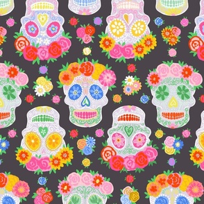 Medium - Dia de Muertos - Calaveras - Sugar Skulls - Halloween Skull - Day of the Dead - Colorful Dia De Los Muertos Fabric - Floral scull - sculls with flower wreaths - Purplish Grey