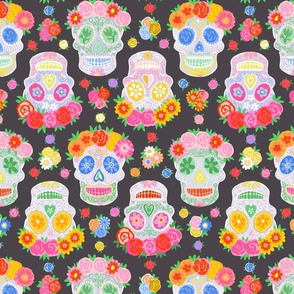 Small - Dia de Muertos - Calaveras - Sugar Skulls - Halloween Skull - Day of the Dead - Colorful Dia De Los Muertos Fabric - Floral scull - sculls with flower wreaths - Purplish Grey