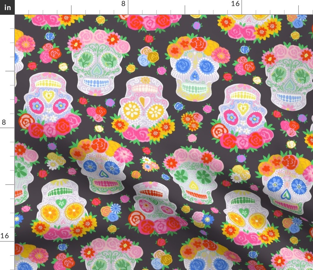 Small - Dia de Muertos - Calaveras - Sugar Skulls - Halloween Skull - Day of the Dead - Colorful Dia De Los Muertos Fabric - Floral scull - sculls with flower wreaths - Purplish Grey