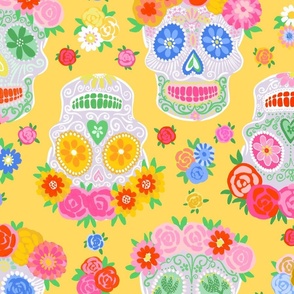 Extra Large - Dia de Muertos - Calaveras - Sugar Skulls - Halloween Skull - Day of the Dead - Colorful Dia De Los Muertos Fabric - Floral scull - sculls with flower wreaths - Yellow
