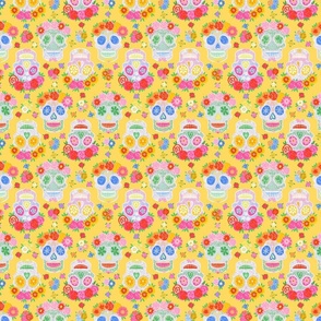Extra Small - Dia de Muertos - Calaveras - Sugar Skulls - Halloween Skull - Day of the Dead - Colorful Dia De Los Muertos Fabric - Floral scull - sculls with flower wreaths - Yellow