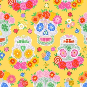 Large - Dia de Muertos - Calaveras - Sugar Skulls - Halloween Skull - Day of the Dead - Colorful Dia De Los Muertos Fabric - Floral scull - sculls with flower wreaths - Yellow