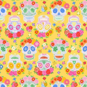 Small - Dia de Muertos - Calaveras - Sugar Skulls - Halloween Skull - Day of the Dead - Colorful Dia De Los Muertos Fabric - Floral scull - sculls with flower wreaths - Yellow