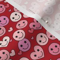 Retro groovy smiley hearts - valentine love and stars retro nineties design blush pink on ruby red