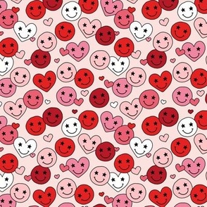 Retro groovy smiley hearts - valentine love and stars retro nineties design red blush pink on soft blush sand