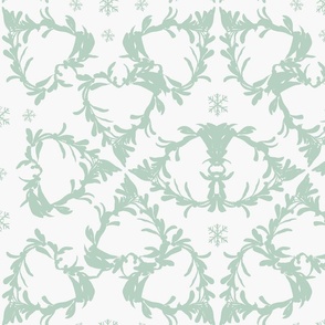 Hand Drawn Abstract Winter Foliage And Snowflakes Mint Green On Off White Large
