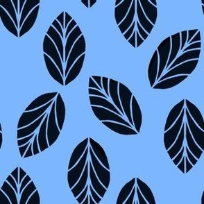 Block cut style leaves on a blue background. Multi-directional design
