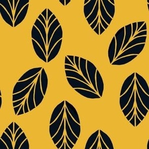 Block cut style leaves on a goldenrod background. Multi-directional design