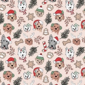 Cute vintage boho Christmas dogs and cookies - freehand seasonal snacks and husky labradoodle scotties and other puppy friends red olive green on cookie sand beige