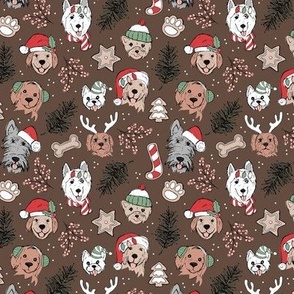 Cute vintage boho Christmas dogs and cookies - freehand seasonal snacks and husky labradoodle scotties and other puppy friends red olive green blush on hazelnut seventies vintage brown
