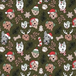 Cute vintage boho Christmas dogs and cookies - freehand seasonal snacks and husky labradoodle scotties and other puppy friends red olive green on pine