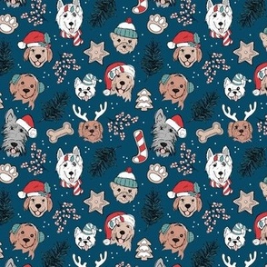 Cute vintage boho Christmas dogs and cookies - freehand seasonal snacks and husky labradoodle scotties and other puppy friends cookie beige red vintage teal on navy blue