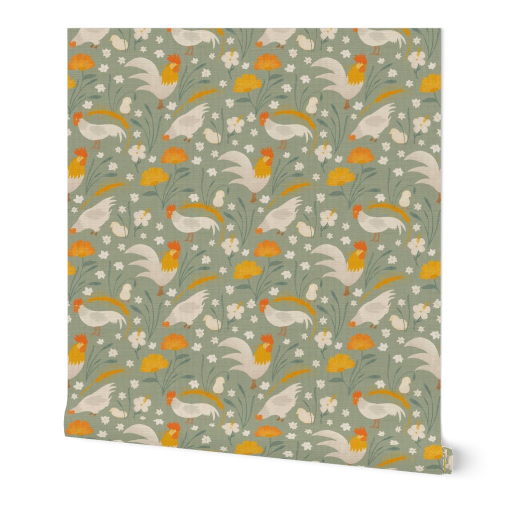 Whimsical Easter Chicken in Sage and Soft Yellows