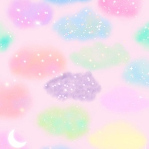 Pastel Rainbow Dream Clouds on Pink, Sky, Stars, Moon, Cloud Fabric, Nursery Fabric, Nursery, Baby, Childrens Room