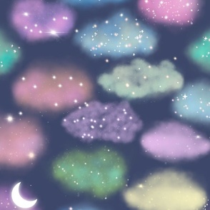 Pastel Rainbow Dream Clouds on Midnight Blue, Night, Sky, Stars, Moon, Cloud Fabric, Nursery Fabric, Nursery, Baby, Childrens Room