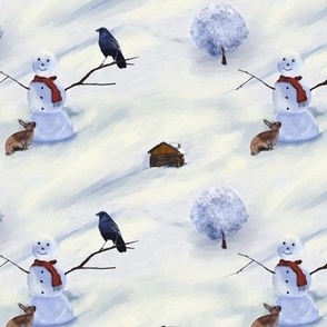 Charming winter friends, Snowman, bunny, crow and cabin design