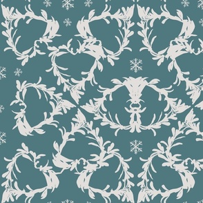 Hand Drawn Abstract Winter Foliage And Snowflakes Petrol Blue And Off White Large