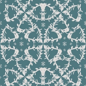 Hand Drawn Abstract Winter Foliage And Snowflakes Teal And Off White Medium