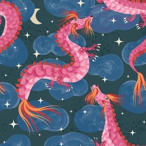 Chinese new year - year of the dragon - colorful dragons flying up into the night sky in this star filled holiday  design