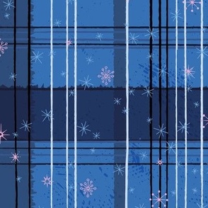 Rustic hand drawn wonky tartan in blues, light blues and pink snowflakes  “It is the season for festive tartan”