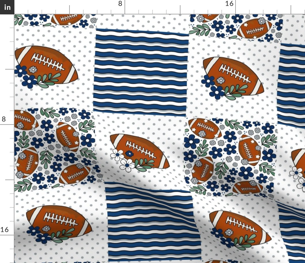 Bigger Patchwork 6" Squares Team Spirit Football in Indianapolis Colts Speed Blue Grey and White for Cheater Quilt or Blanket