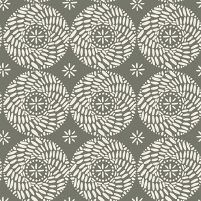 spinning wheels - creamy white_ limed ash green - hand drawn circluar tile