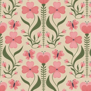 Heart Shaped Vintage Flowers and Butterflies in Pink Beige Green